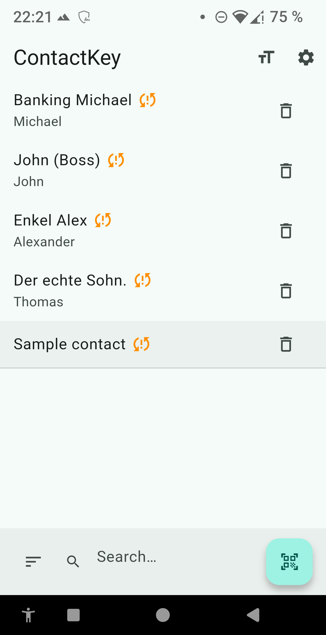 Kontaktliste mit einer Markierung am betroffenen Kontakt